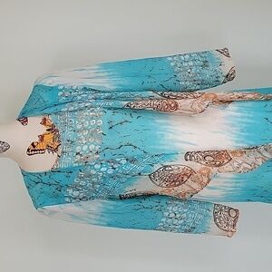 Connie's Moonlight sleeveless dress in browns & blues. With shrug jacket small